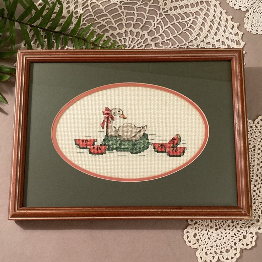 Framed Duck And Watermelons Cross Stitch